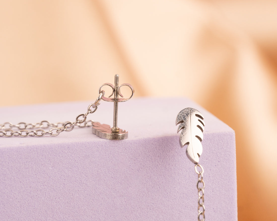 Aretes Hojas Cadenas Plateados Ref:B1344