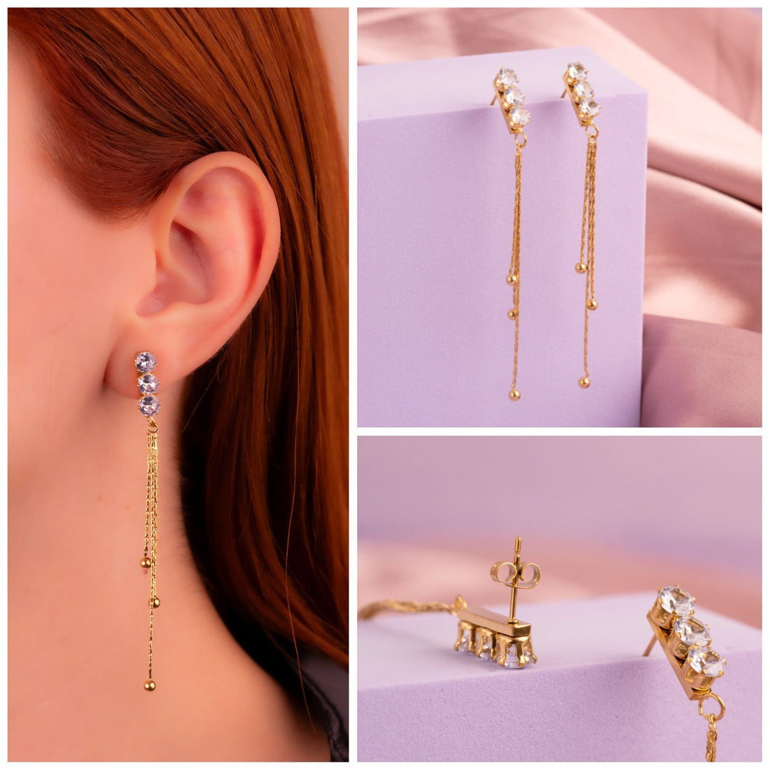 Aretes Triple Circón Dorados Ref: B2681