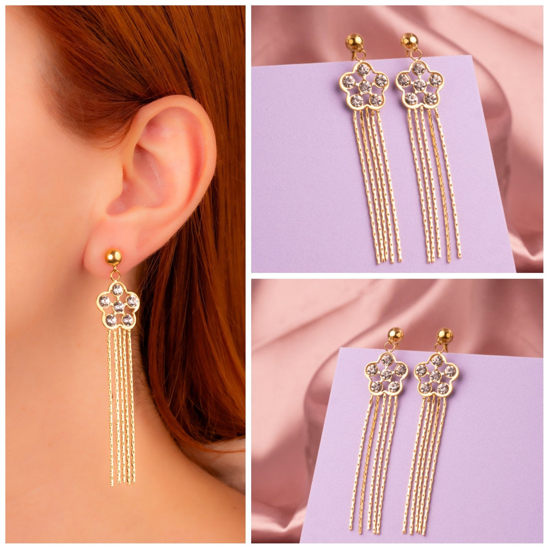 Aretes Flores Circones Lazos Dorados Ref: B607