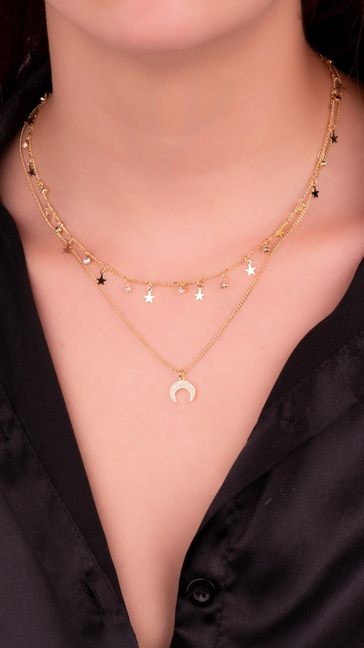 Collar Doble Luna Estrellas  Ref: D225
