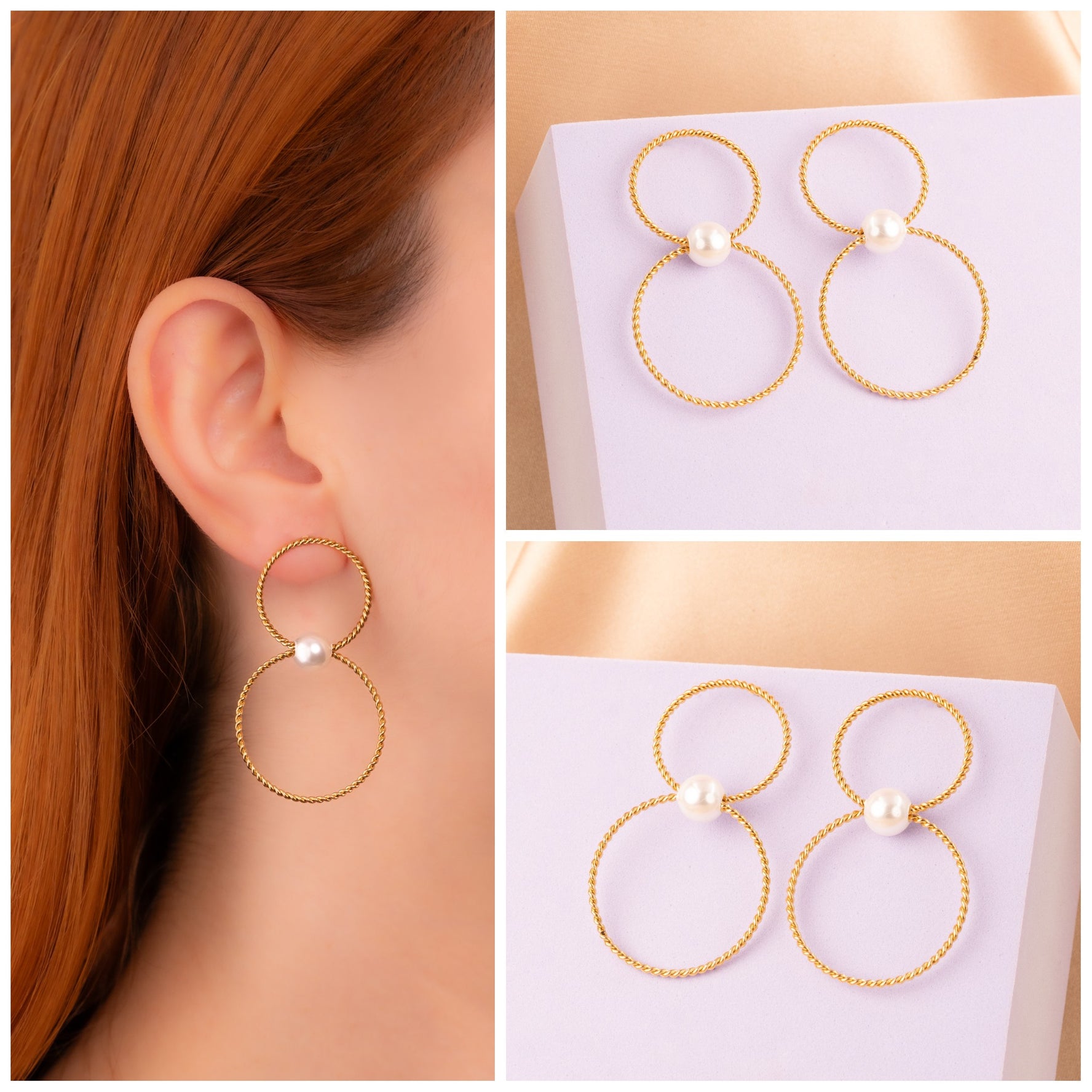 Aretes Círculos Perla Dorados Ref:B1298