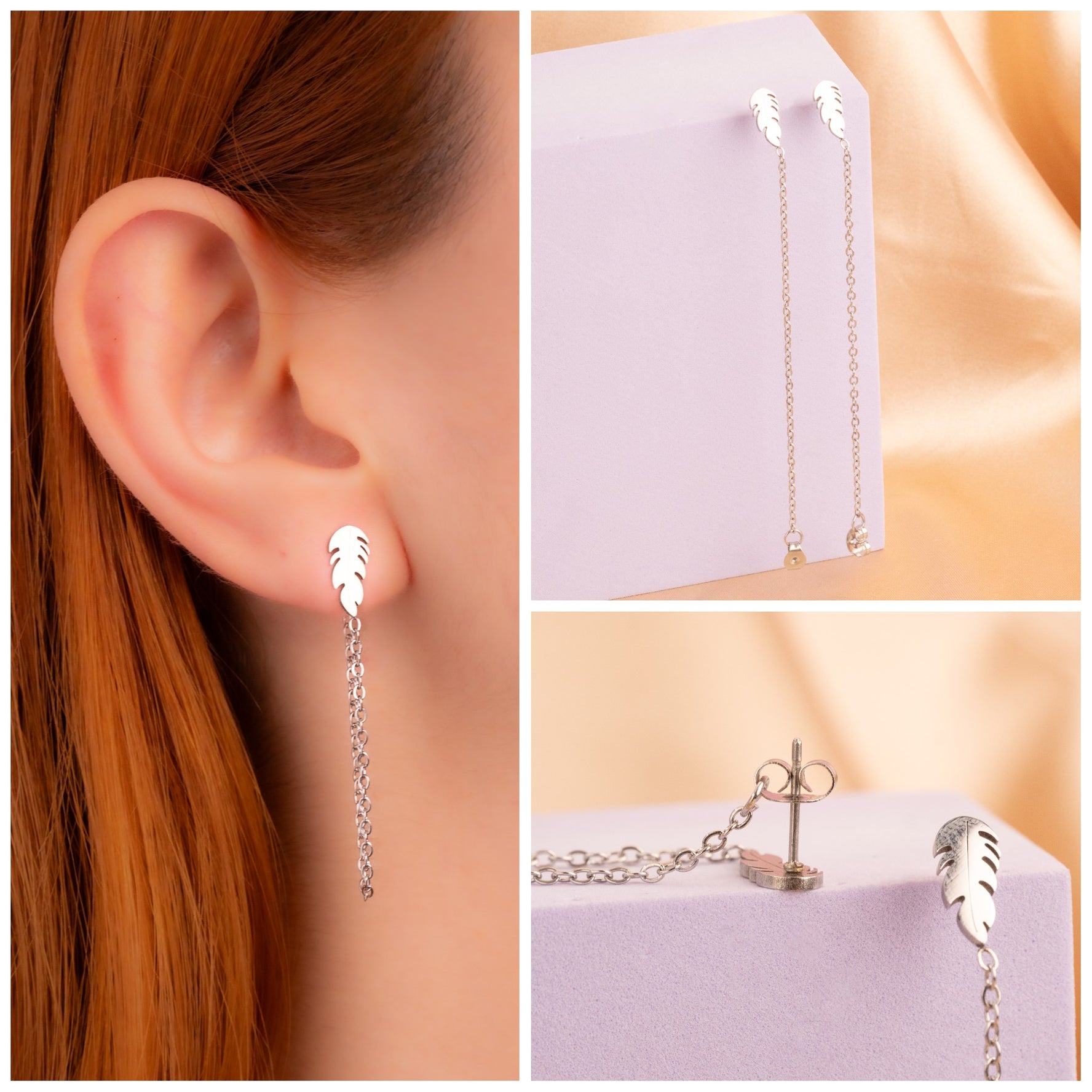 Aretes Hojas Cadenas Plateados Ref:B1344