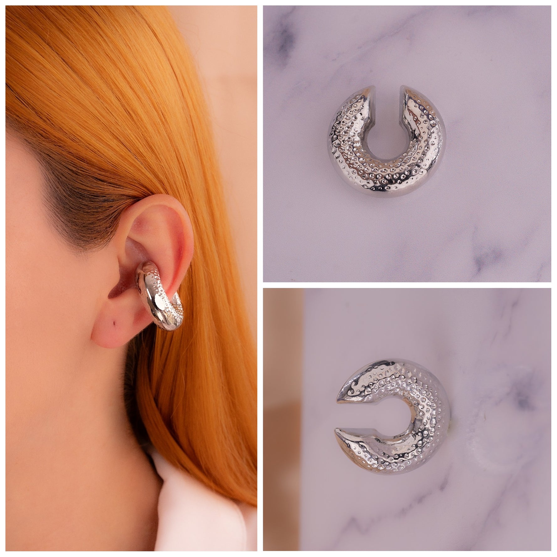 Ear Cuff Chunky Martillado Plateado Ref:E034