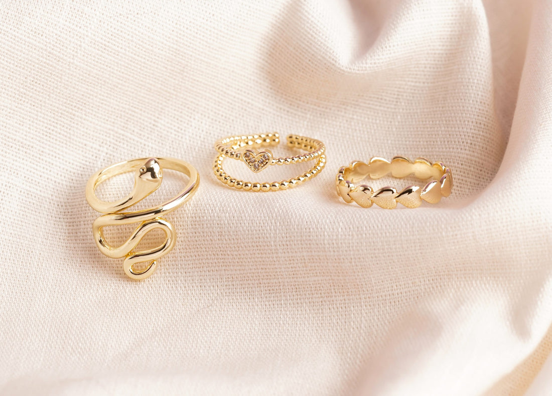 Set X 3 Anillos Serpiente Corazón Dorados Ref: J030